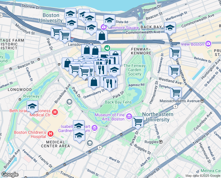 map of restaurants, bars, coffee shops, grocery stores, and more near 119 Jersey Street in Boston