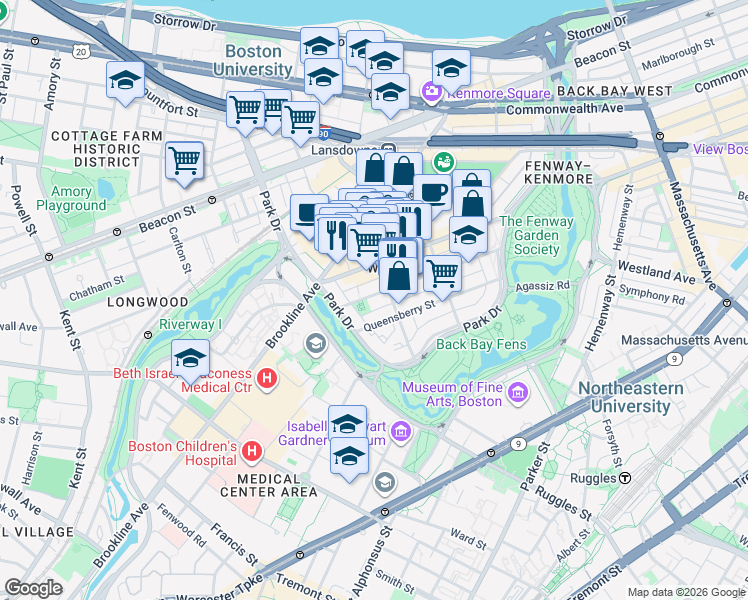 map of restaurants, bars, coffee shops, grocery stores, and more near 120 Peterborough Street in Boston