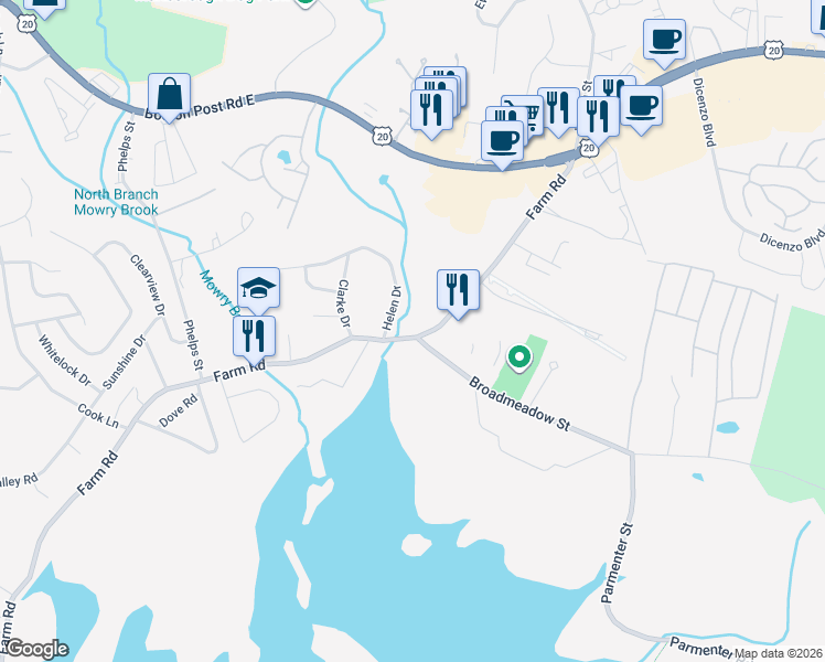 map of restaurants, bars, coffee shops, grocery stores, and more near 656 Farm Road in Marlborough