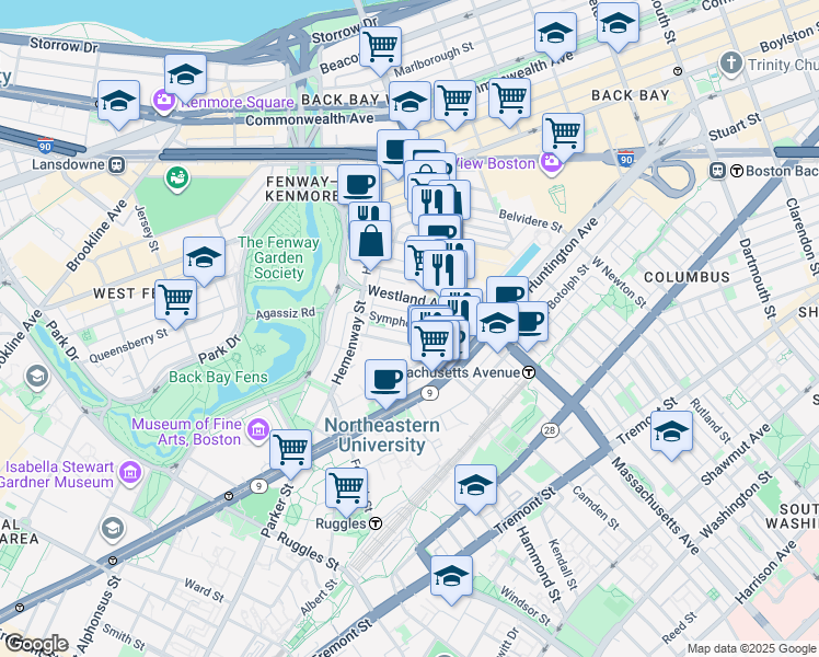 map of restaurants, bars, coffee shops, grocery stores, and more near 28 Symphony Road in Boston