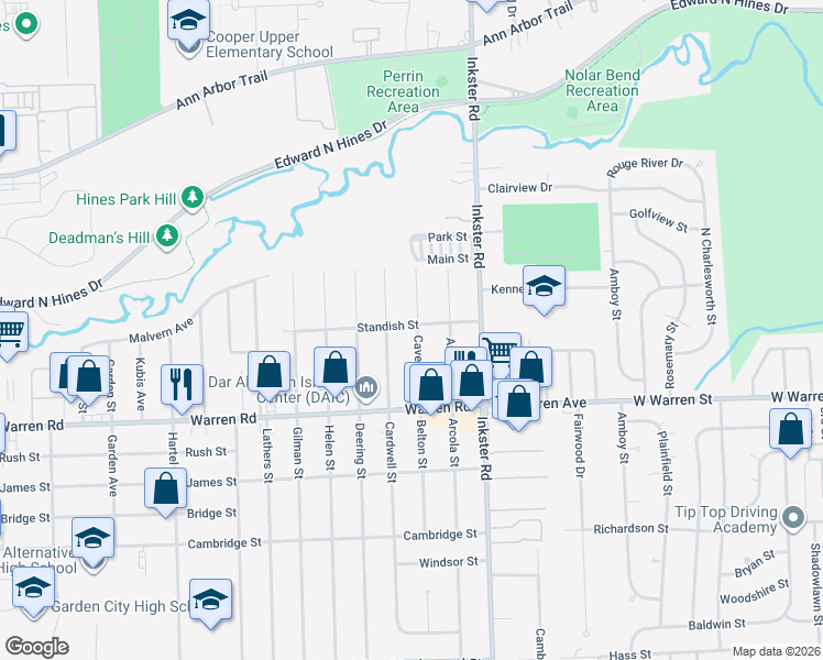 map of restaurants, bars, coffee shops, grocery stores, and more near 7542 Cavell Street in Westland