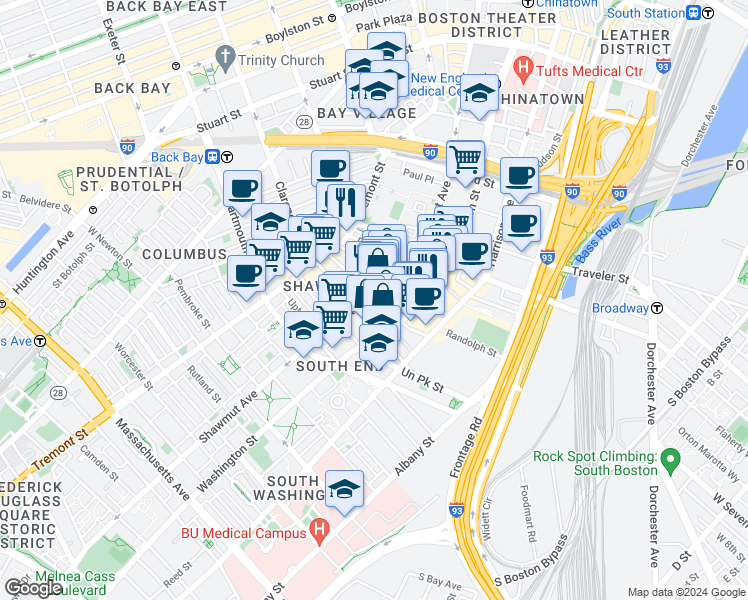 map of restaurants, bars, coffee shops, grocery stores, and more near in Boston