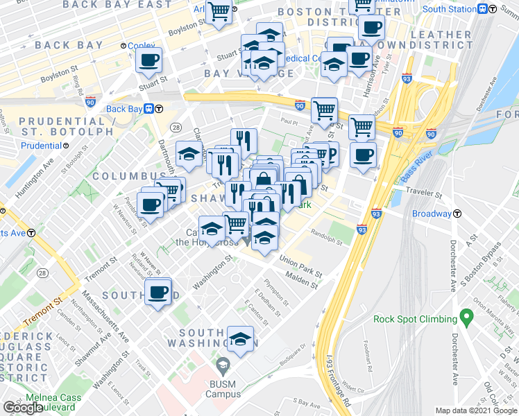 map of restaurants, bars, coffee shops, grocery stores, and more near in Boston