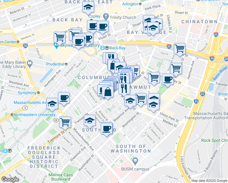 map of restaurants, bars, coffee shops, grocery stores, and more near 69 Montgomery Street in Boston