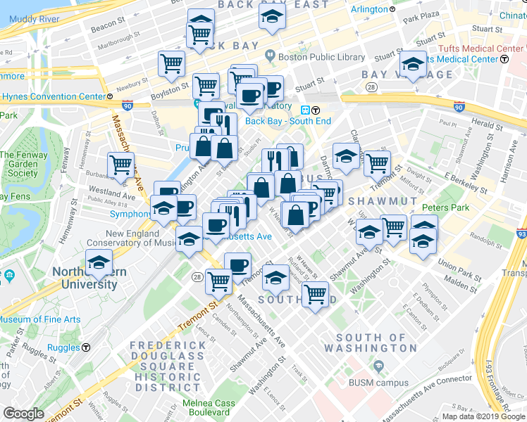 map of restaurants, bars, coffee shops, grocery stores, and more near 195 West Newton Street in Boston