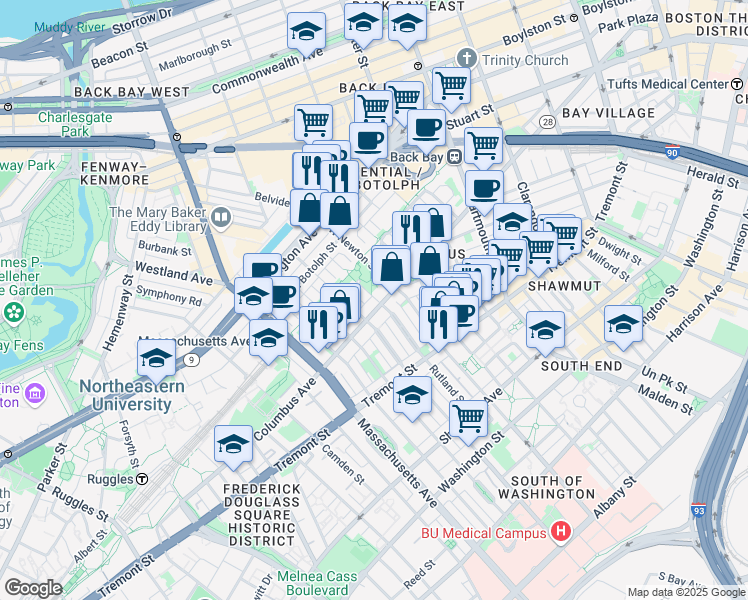 map of restaurants, bars, coffee shops, grocery stores, and more near 195 West Newton Street in Boston