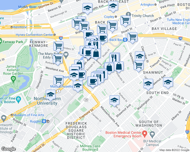 map of restaurants, bars, coffee shops, grocery stores, and more near 76 Claremont Street in Boston