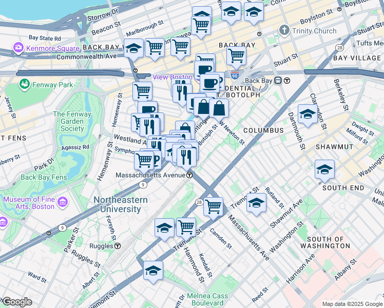 map of restaurants, bars, coffee shops, grocery stores, and more near 200-220 Huntington Avenue in Boston