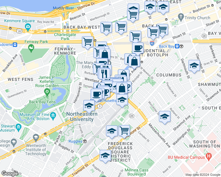 map of restaurants, bars, coffee shops, grocery stores, and more near 235 Huntington Avenue in Boston