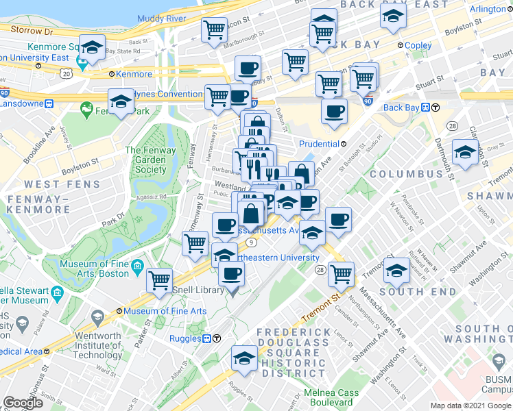 map of restaurants, bars, coffee shops, grocery stores, and more near in Boston