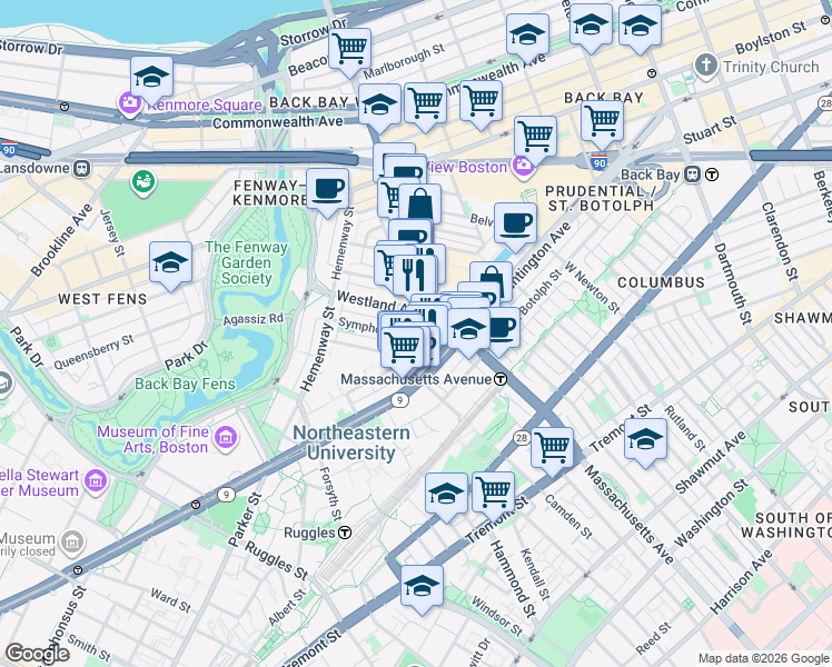 map of restaurants, bars, coffee shops, grocery stores, and more near in Boston