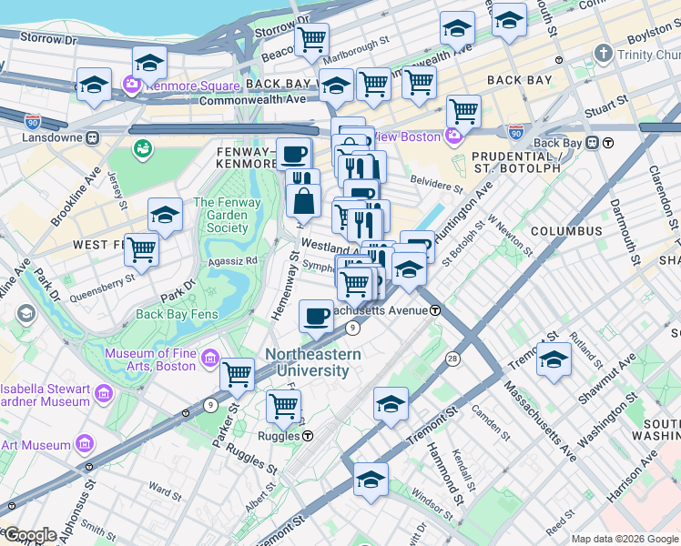 map of restaurants, bars, coffee shops, grocery stores, and more near 29 Symphony Road in Boston