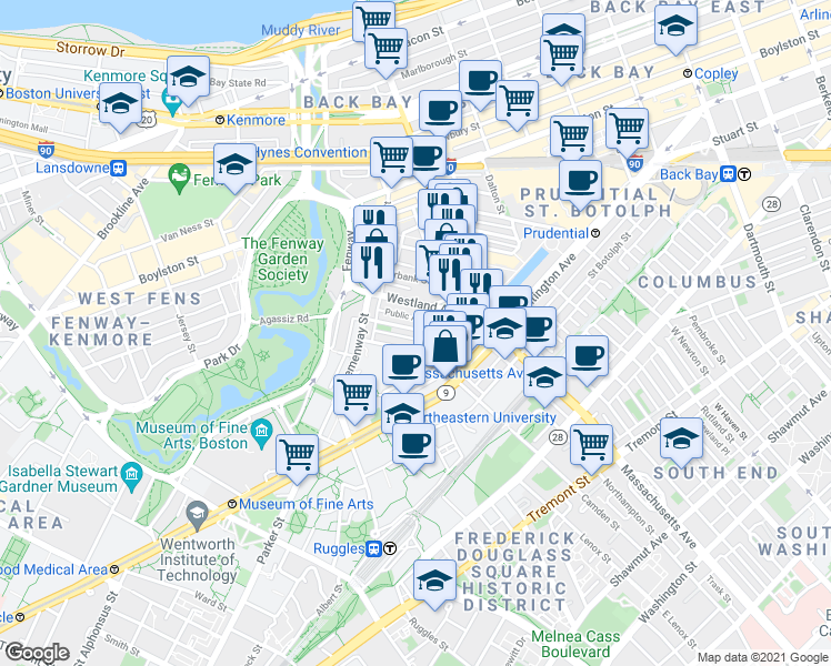 map of restaurants, bars, coffee shops, grocery stores, and more near 29 Symphony Road in Boston