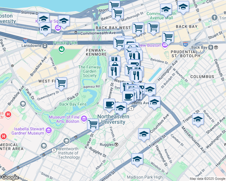 map of restaurants, bars, coffee shops, grocery stores, and more near in Boston