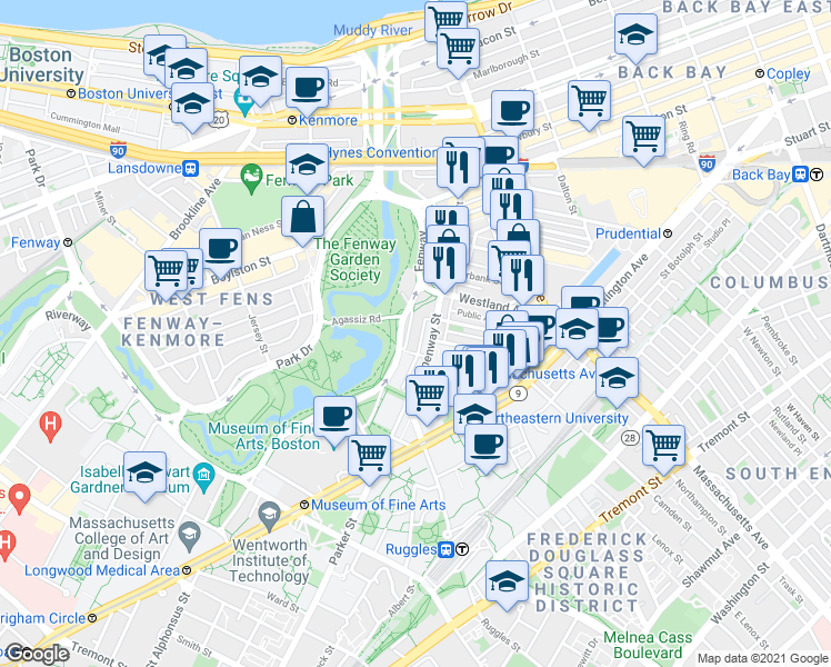 map of restaurants, bars, coffee shops, grocery stores, and more near 60 Fenway in Boston