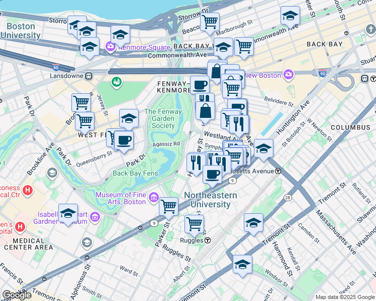 map of restaurants, bars, coffee shops, grocery stores, and more near 60 Fenway in Boston