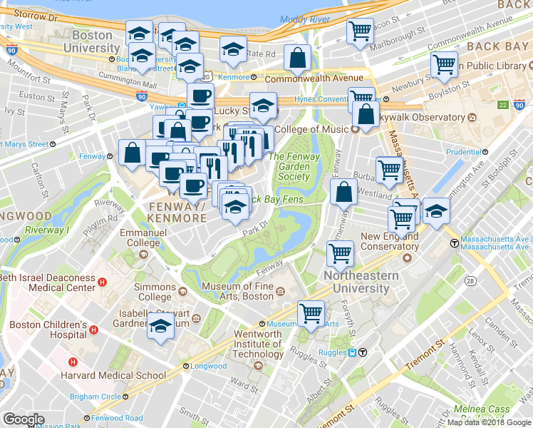 map of restaurants, bars, coffee shops, grocery stores, and more near 11 Queensberry Street in Boston