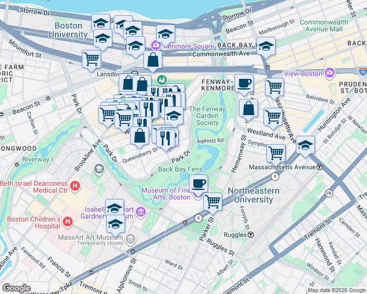 map of restaurants, bars, coffee shops, grocery stores, and more near 11 Queensberry Street in Boston