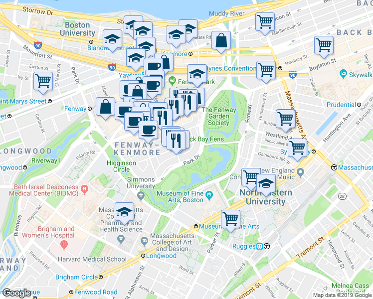 map of restaurants, bars, coffee shops, grocery stores, and more near 11 Queensberry Street in Boston