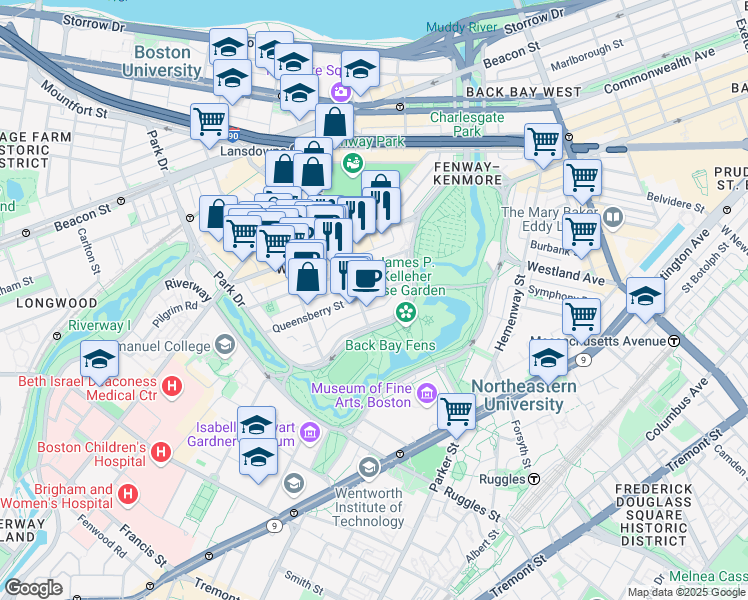 map of restaurants, bars, coffee shops, grocery stores, and more near 119 Jersey Street in Boston