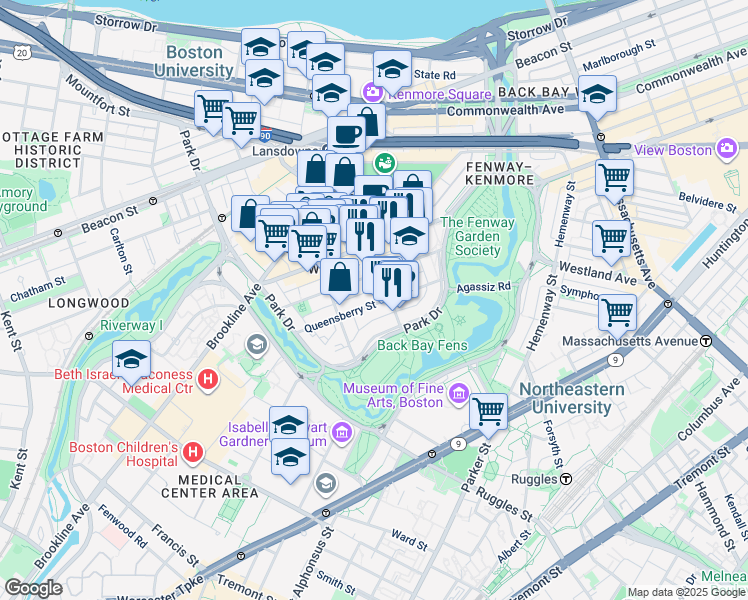 map of restaurants, bars, coffee shops, grocery stores, and more near 119 Jersey Street in Boston