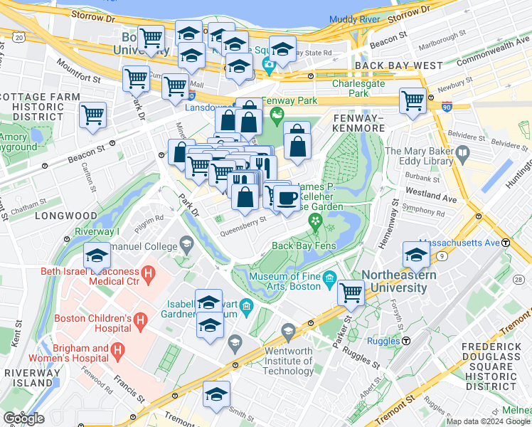 map of restaurants, bars, coffee shops, grocery stores, and more near 85 Peterborough Street in Boston