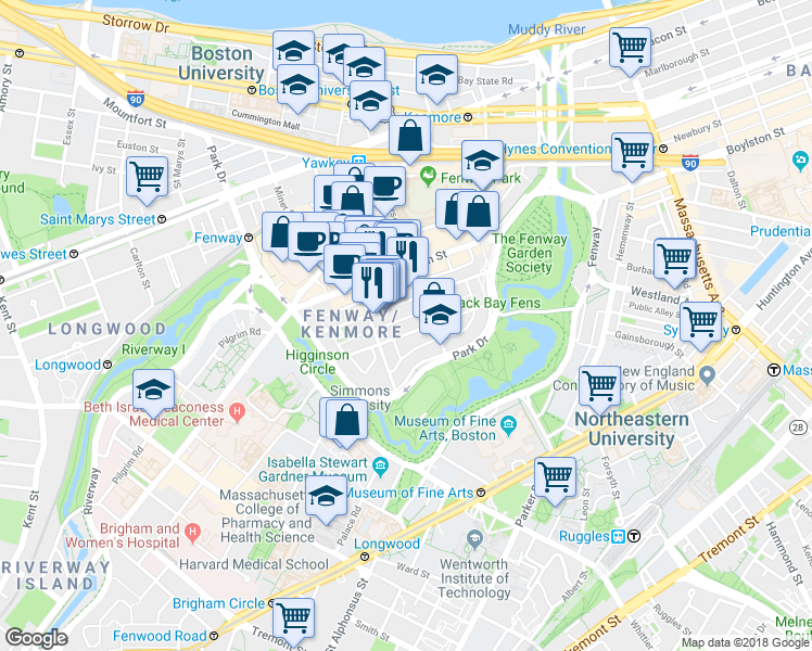 map of restaurants, bars, coffee shops, grocery stores, and more near 85 Peterborough Street in Boston