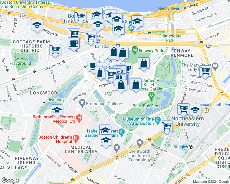 map of restaurants, bars, coffee shops, grocery stores, and more near in Boston