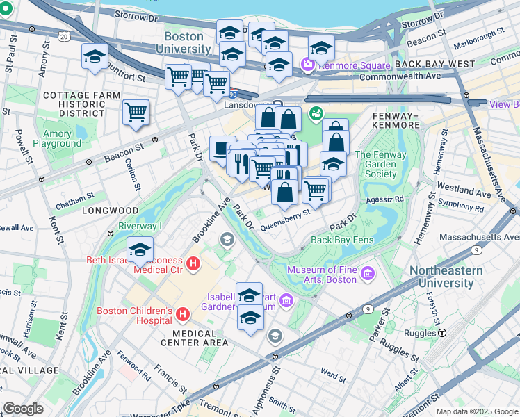 map of restaurants, bars, coffee shops, grocery stores, and more near in Boston