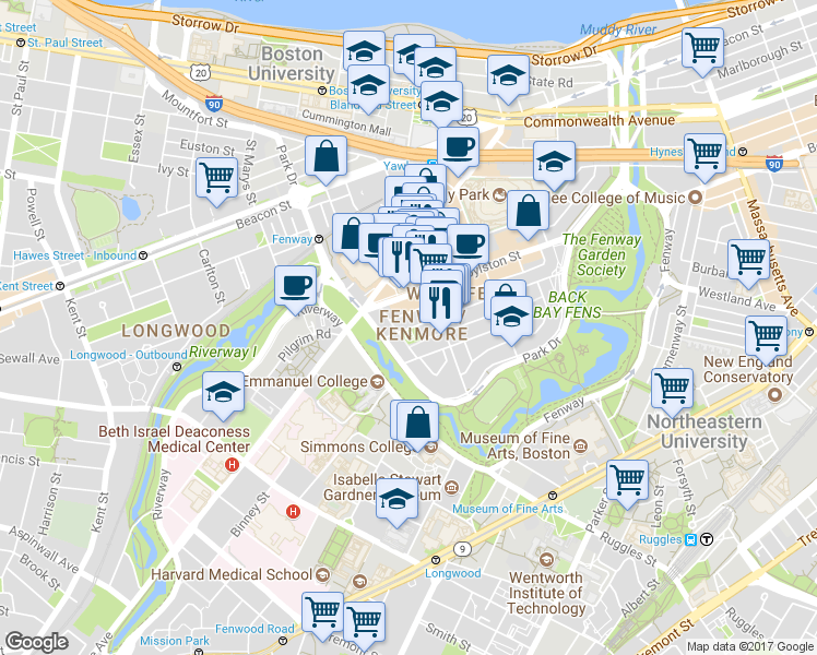 map of restaurants, bars, coffee shops, grocery stores, and more near 1395 Boylston Street in Boston