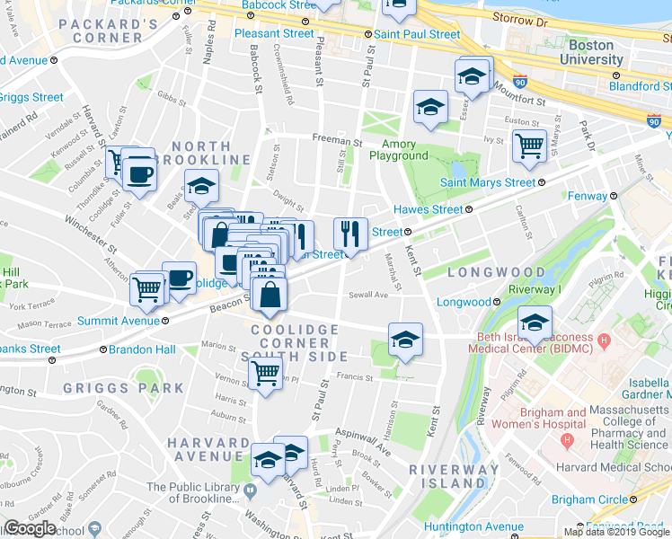 map of restaurants, bars, coffee shops, grocery stores, and more near 3 James Street in Brookline