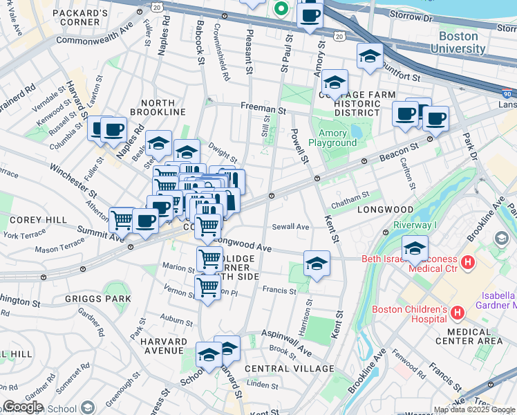 map of restaurants, bars, coffee shops, grocery stores, and more near 3 James Street in Brookline
