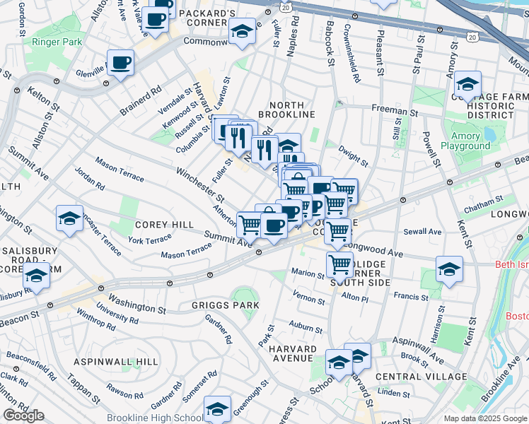 map of restaurants, bars, coffee shops, grocery stores, and more near 75 Centre Street in Brookline