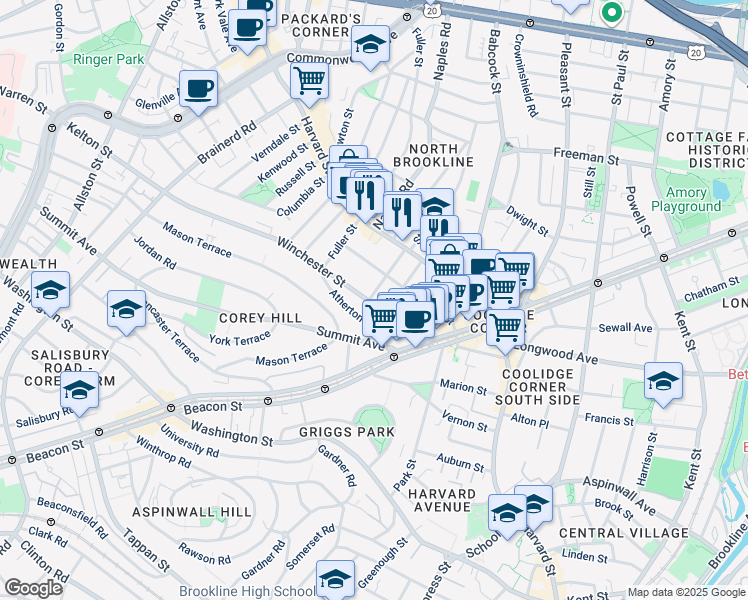 map of restaurants, bars, coffee shops, grocery stores, and more near 75 Winchester Street in Brookline