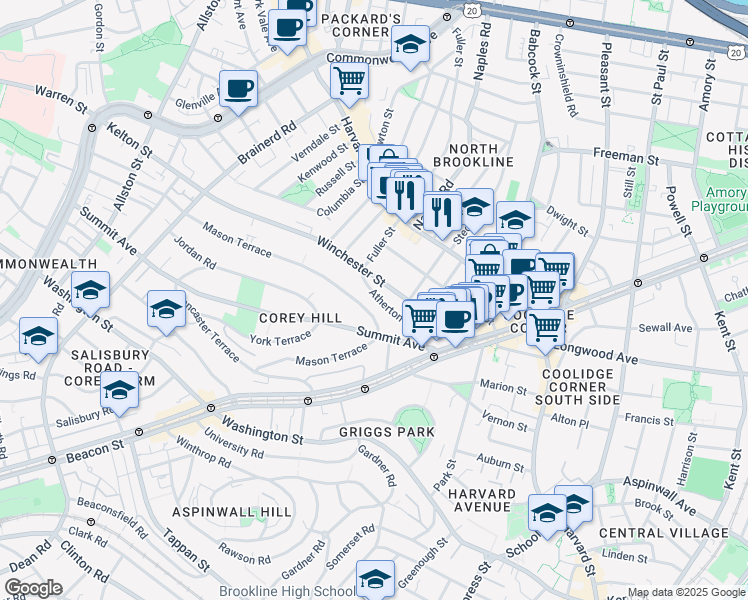 map of restaurants, bars, coffee shops, grocery stores, and more near 104 Winchester Street in Brookline