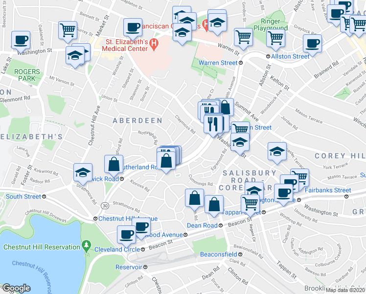 map of restaurants, bars, coffee shops, grocery stores, and more near 32 Ransom Road in Boston
