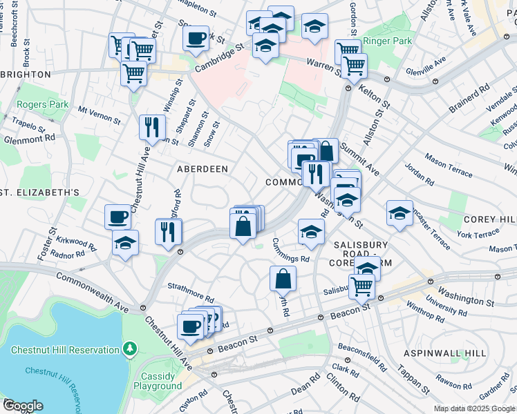 map of restaurants, bars, coffee shops, grocery stores, and more near 104 Euston Road in Boston