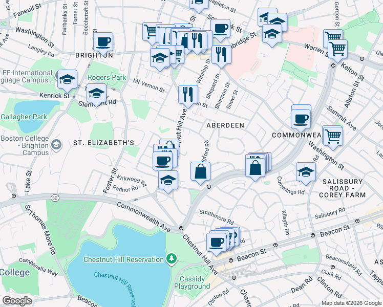 map of restaurants, bars, coffee shops, grocery stores, and more near 8 Ledgemere Road in Boston