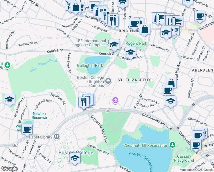 map of restaurants, bars, coffee shops, grocery stores, and more near 90 Lake Street in Boston