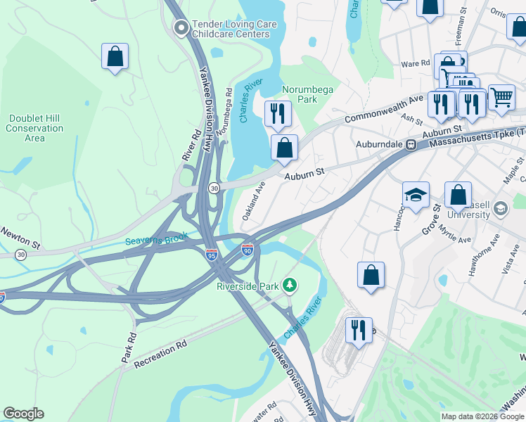 map of restaurants, bars, coffee shops, grocery stores, and more near 37 Evergreen Avenue in Newton