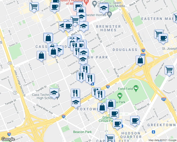 map of restaurants, bars, coffee shops, grocery stores, and more near 79 Alfred Street in Detroit