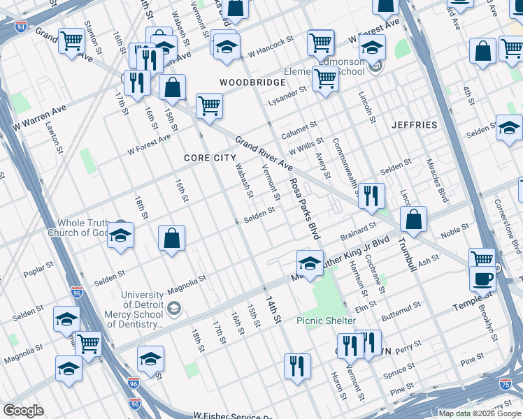 map of restaurants, bars, coffee shops, grocery stores, and more near 4013 Vermont Street in Detroit