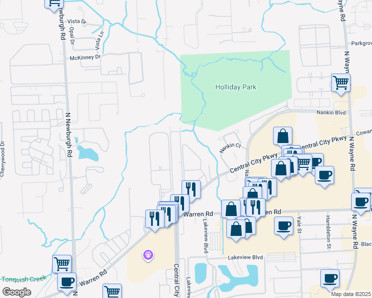 map of restaurants, bars, coffee shops, grocery stores, and more near 7769 Manor Circle in Westland