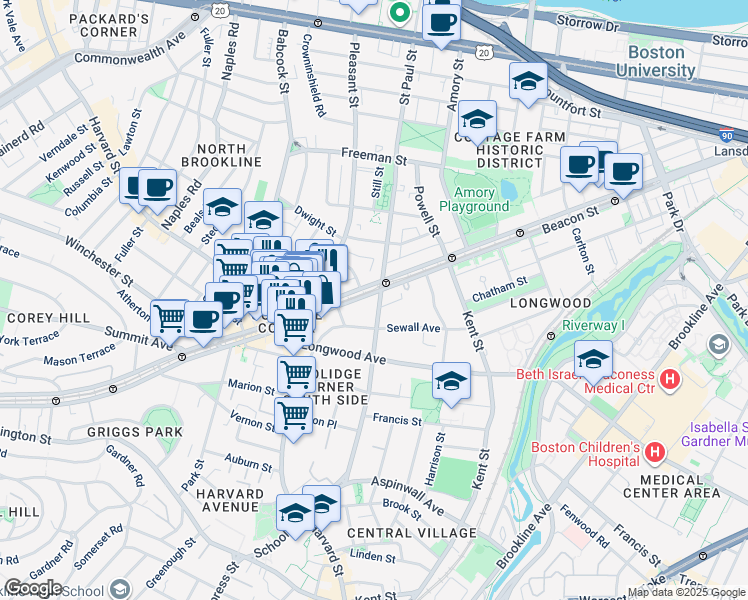 map of restaurants, bars, coffee shops, grocery stores, and more near 1243 Beacon Street in Brookline
