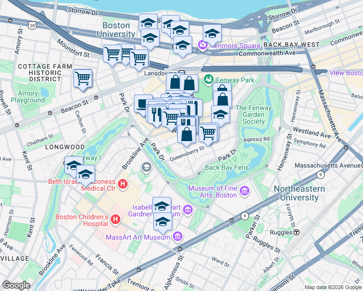 map of restaurants, bars, coffee shops, grocery stores, and more near 55 Kilmarnock Street in Boston
