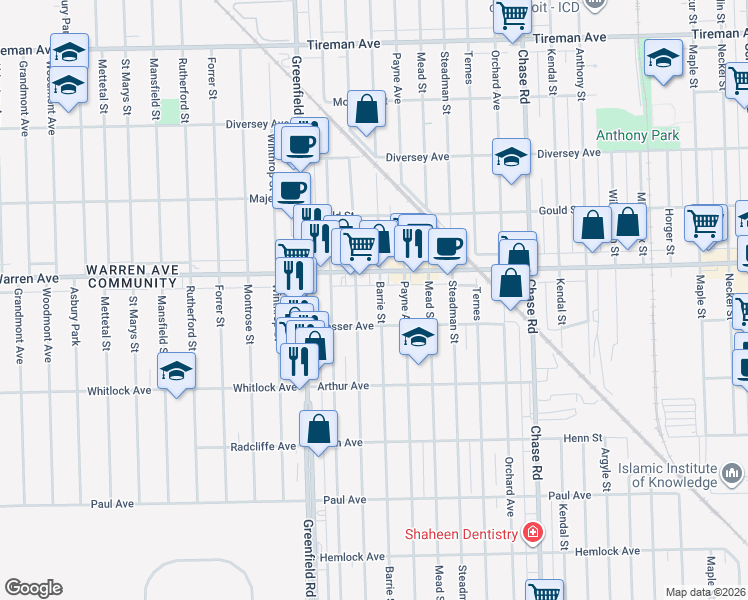 map of restaurants, bars, coffee shops, grocery stores, and more near 15145 West Warren Avenue in Dearborn