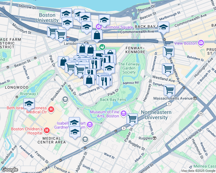 map of restaurants, bars, coffee shops, grocery stores, and more near 32 Queensberry Street in Boston