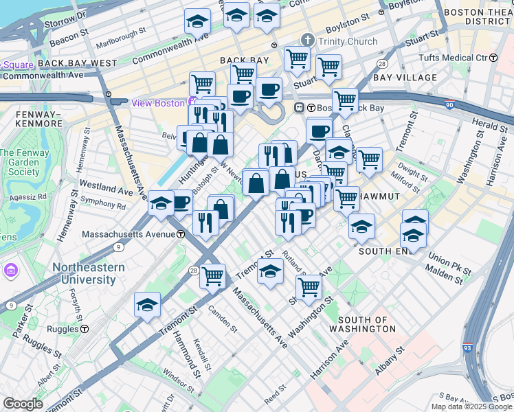 map of restaurants, bars, coffee shops, grocery stores, and more near 195 West Newton Street in Boston