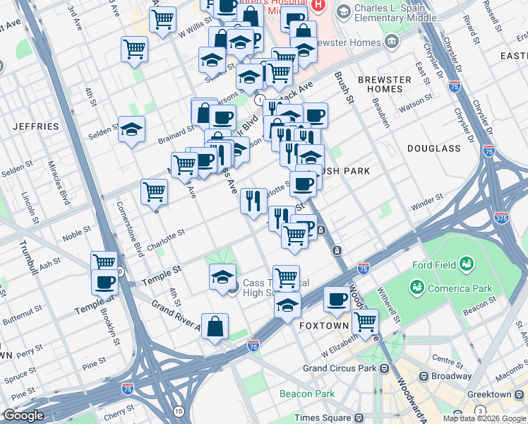 map of restaurants, bars, coffee shops, grocery stores, and more near 3101 Park Avenue in Detroit