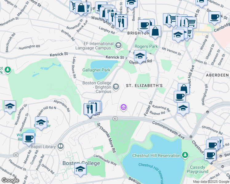map of restaurants, bars, coffee shops, grocery stores, and more near 90 Lake Street in Boston